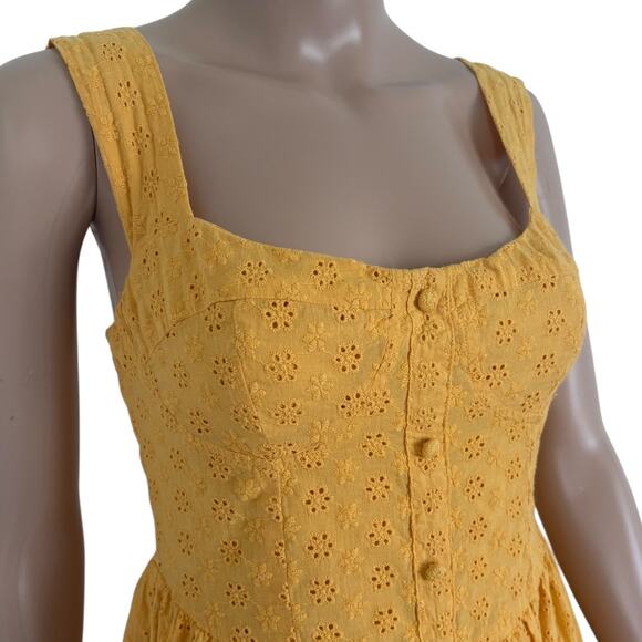 Lulus Yellow Eyelet Button Front Tiered Mini Dress S Boho Cottagecore Feminine - Picture 3 of 7